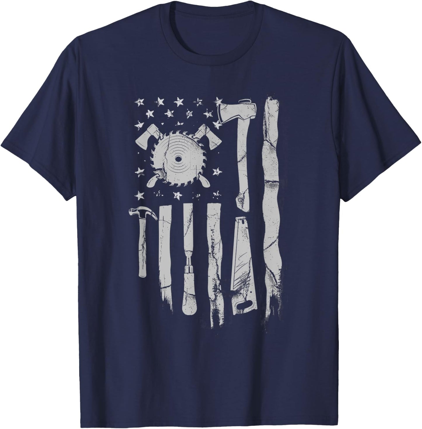 American Flag Woodworking Gift Carpenter Wood Working Women Men T-Shirt - T-Shirt | Navy