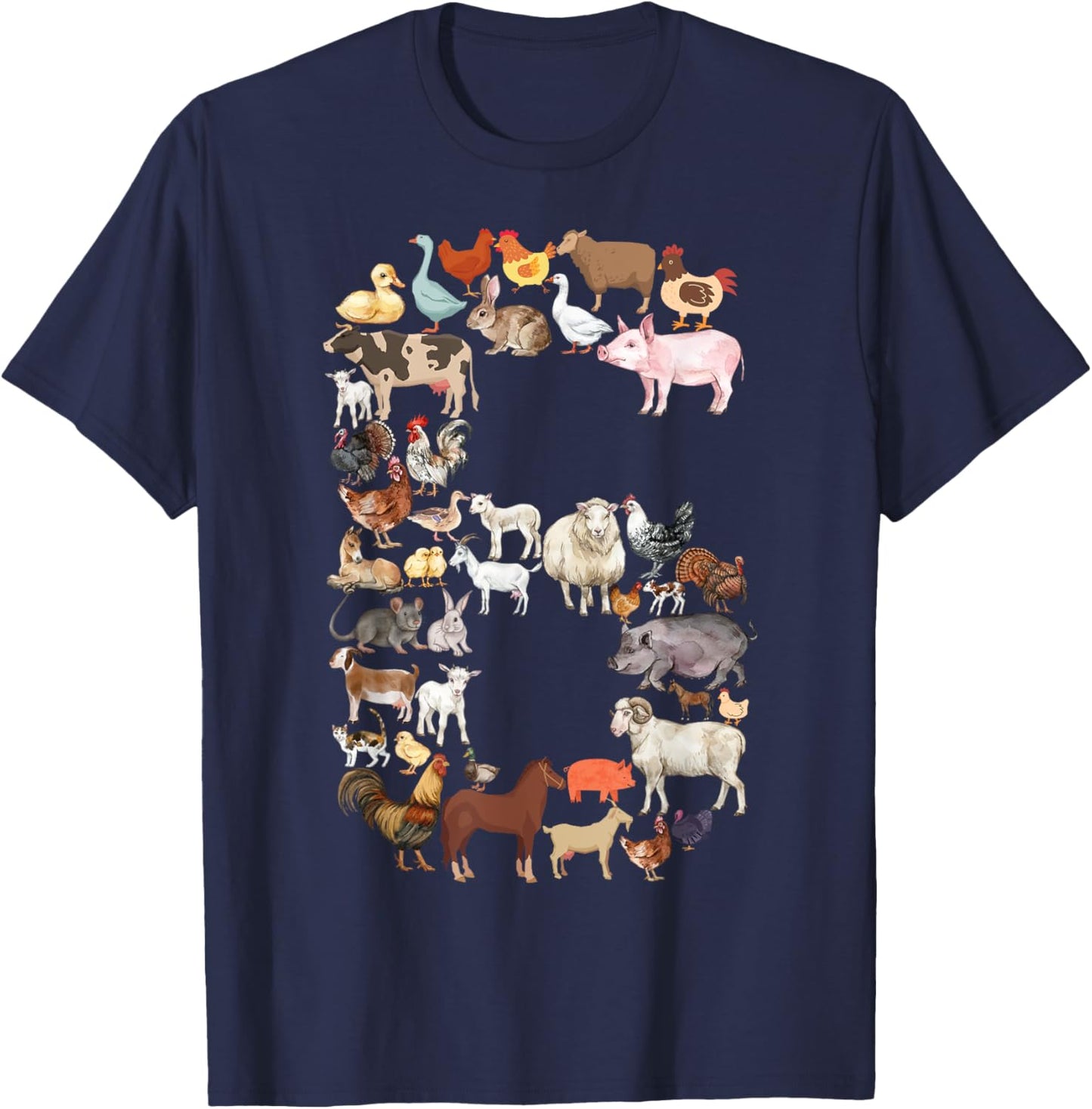 Fun 6th Birthday Farm Animals Theme Boy Kids 6 Year Old Bday T-Shirt - T-Shirt | Navy