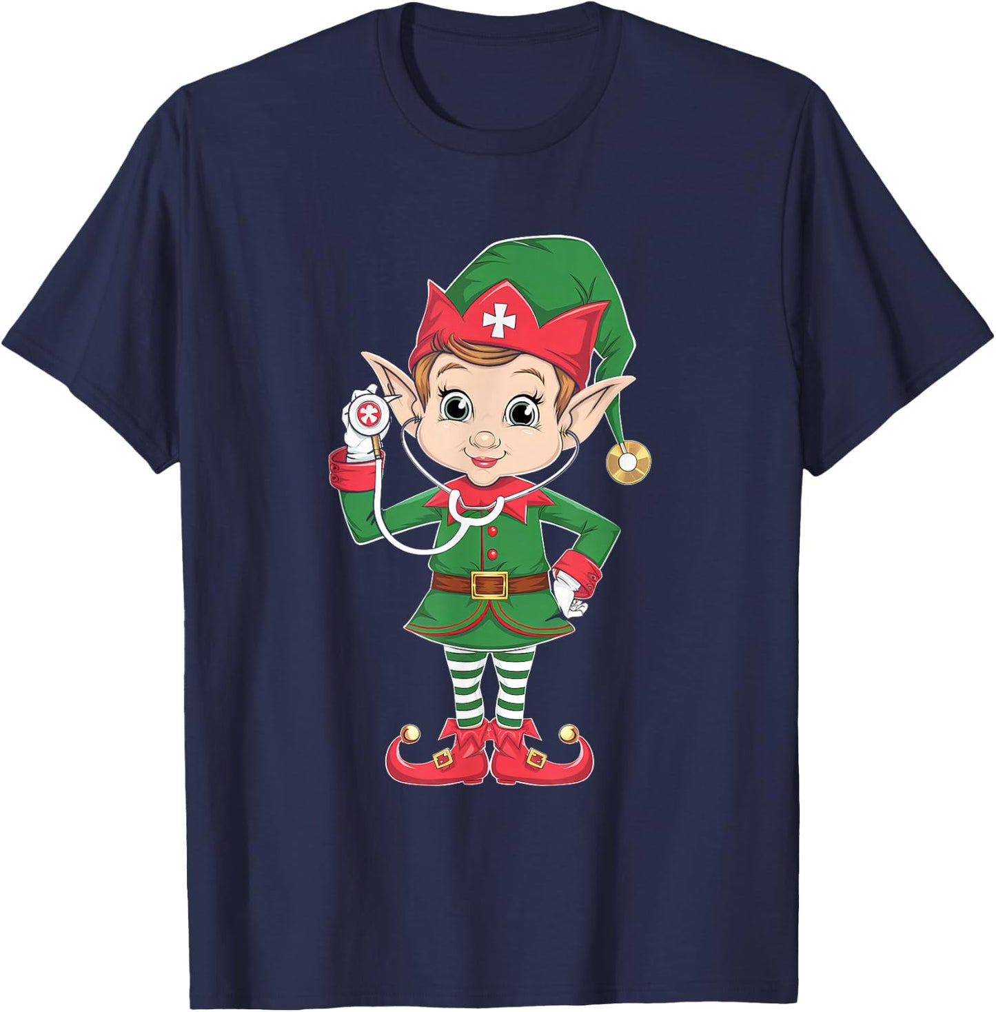 Cute Elf Nurse Scrub Tops Christmas Stethoscope Nursing Girl T-Shirt - T-Shirt | Navy