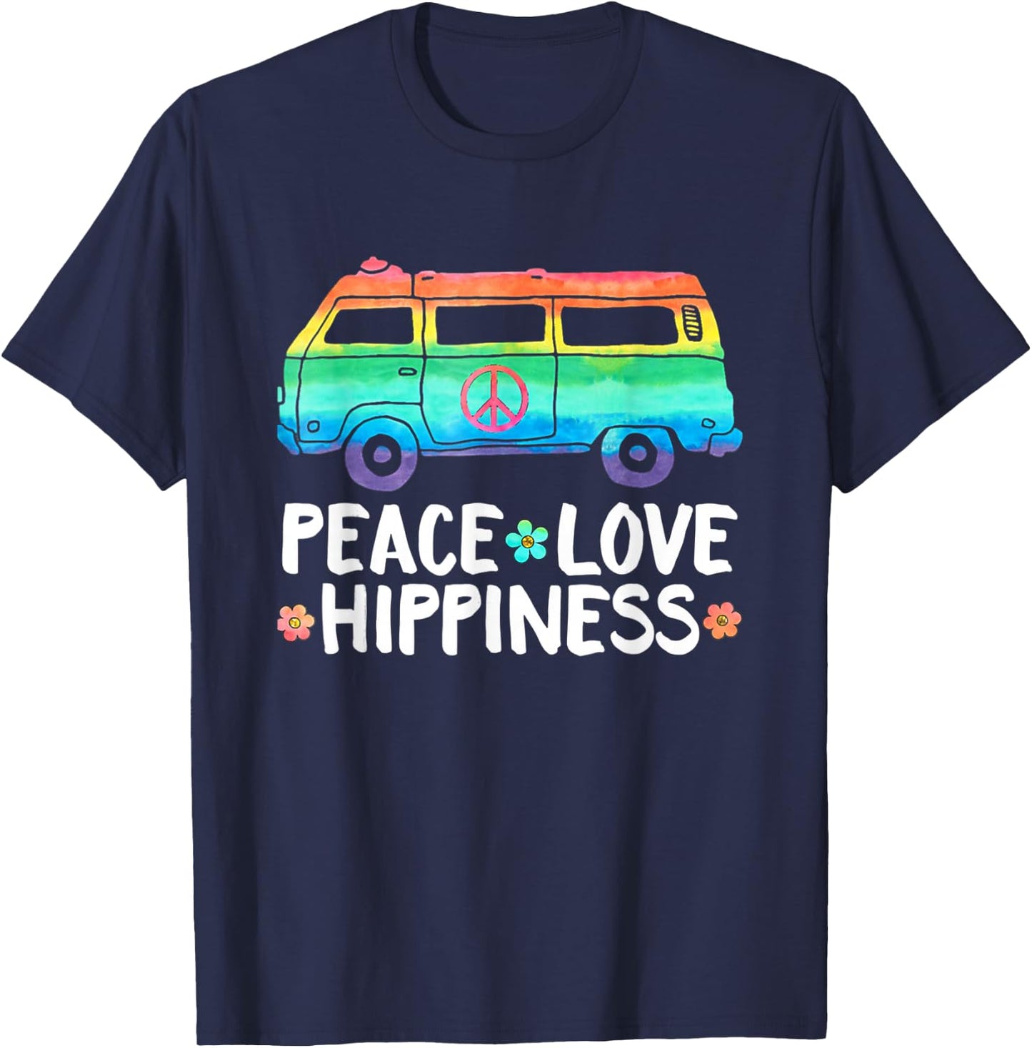 Peace Love Hippiness Rainbow Peace Symbol Flowers T-Shirt - T-Shirt | Navy