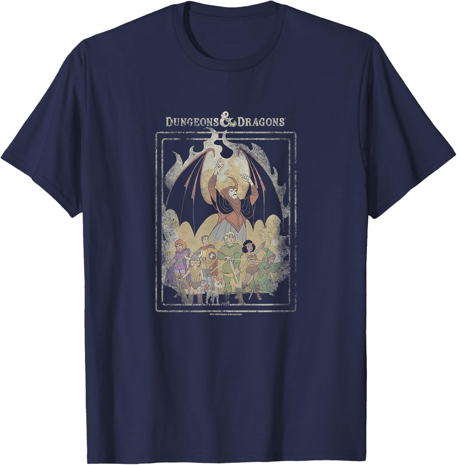 Dungeons & Dragons Group Shot Retro Flames T-Shirt - T-Shirt | Navy