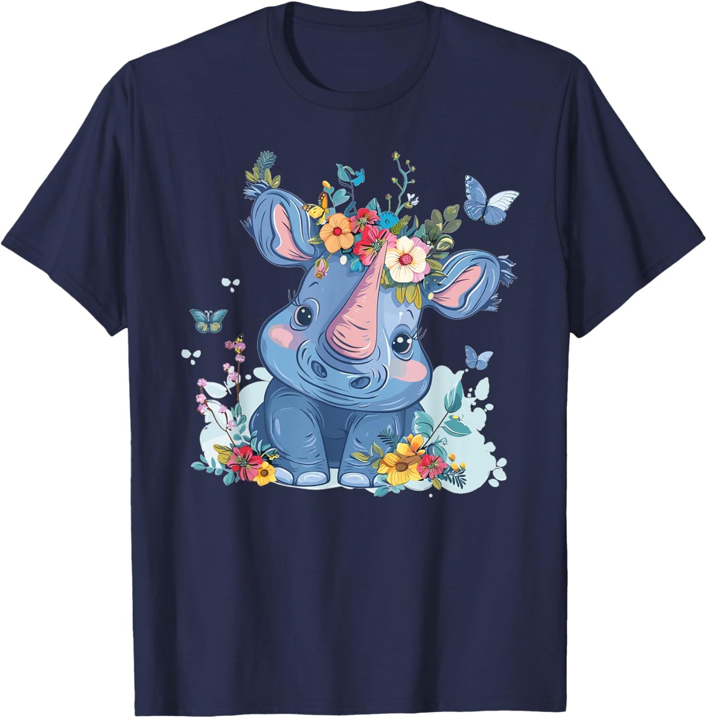 Cute Rhino With Flowers I Kids Rhino T-Shirt - T-Shirt | Navy