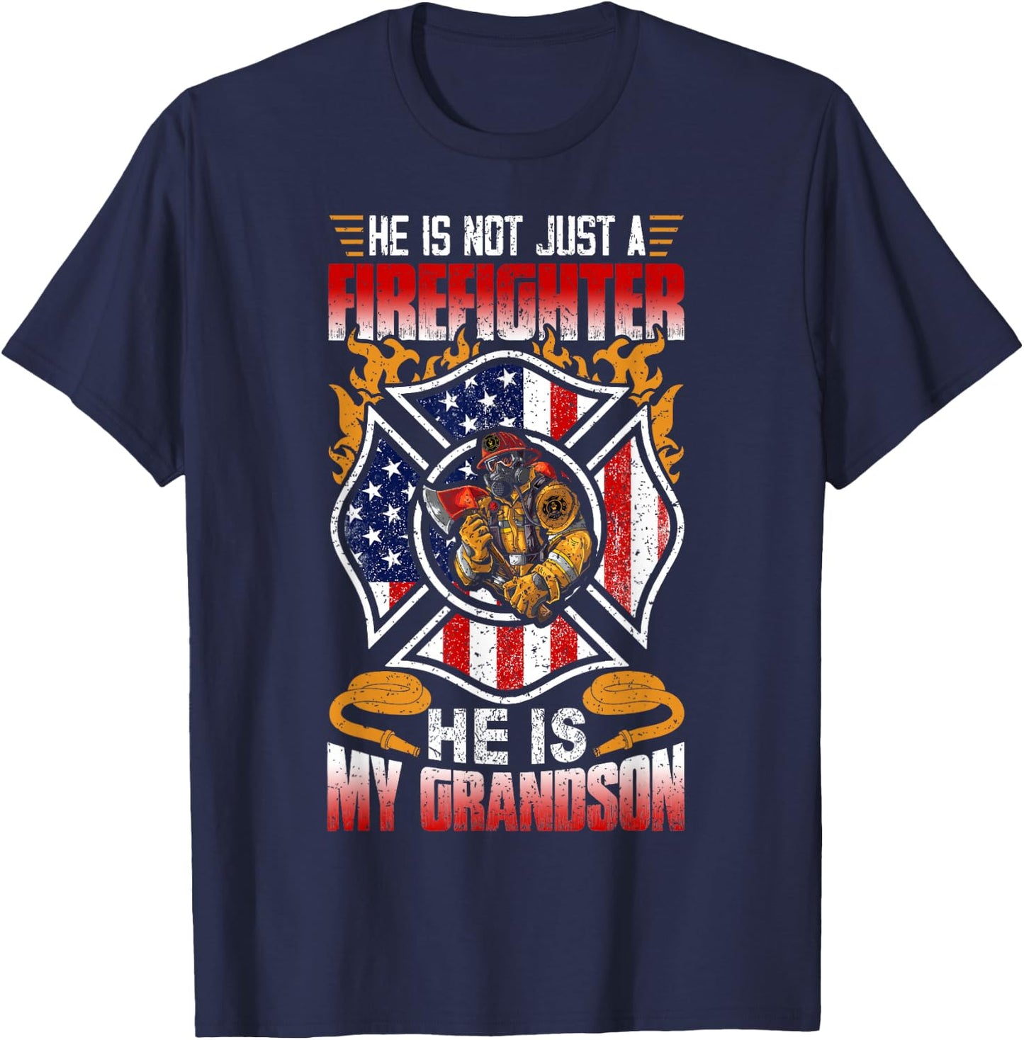 My Grandson Is A Firefighter Proud Grandma Grandpa Gift T-Shirt - T-Shirt | Navy