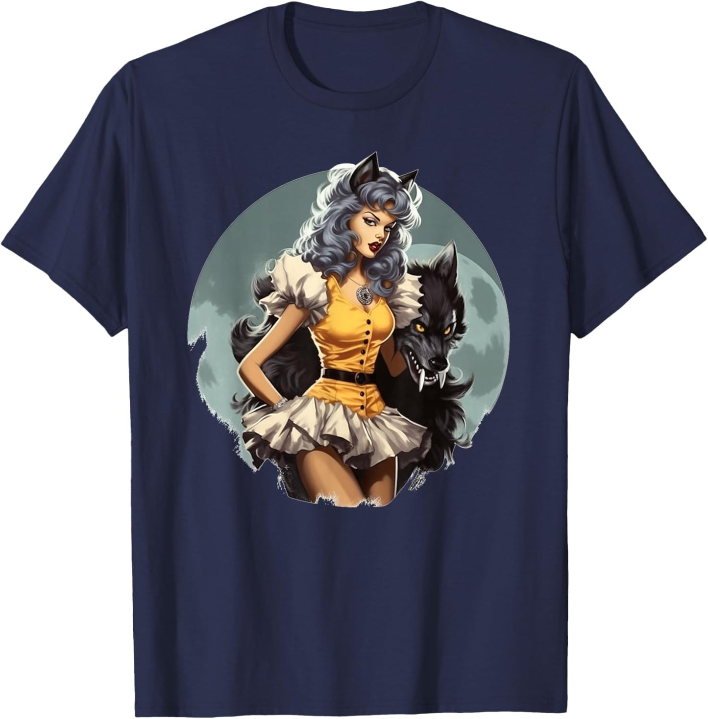 Werewolf PinUp Girl Wolf Halloween T-Shirt - T-Shirt | Navy