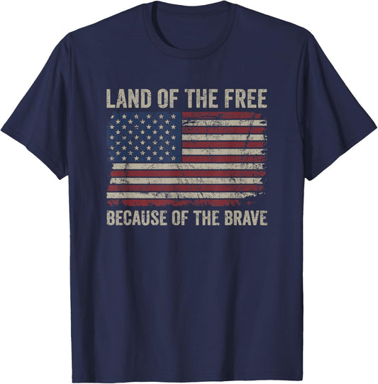 Land Of The Free Because Of The Brave Distress American Flag T-Shirt - T-Shirt | Navy