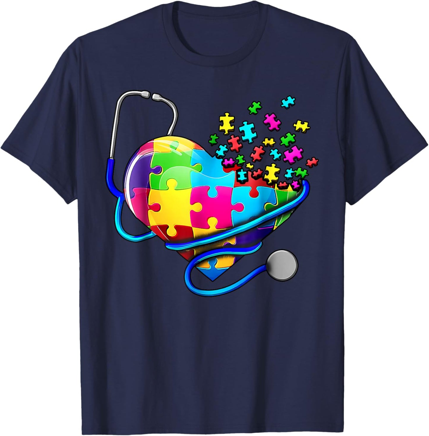 Autism Awareness Nurse Stethoscope Heart ASD Scrub Top Women T-Shirt - T-Shirt | Navy