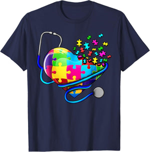 Autism Awareness Nurse Stethoscope Heart ASD Scrub Top Women T-Shirt - T-Shirt | Navy