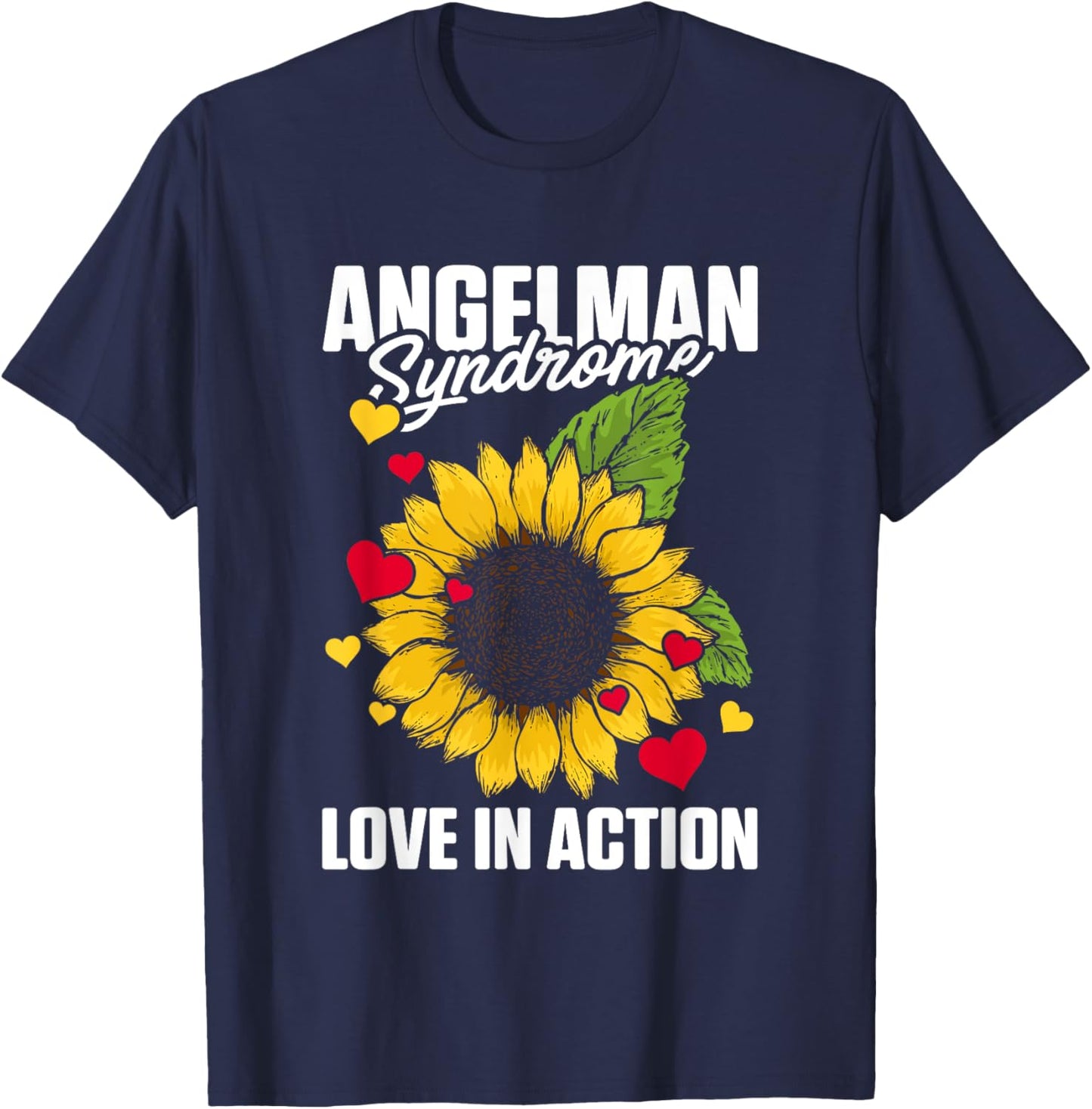 Love In Action Heart Sunflower Graphic Angelman Syndrome T-Shirt - T-Shirt | Navy