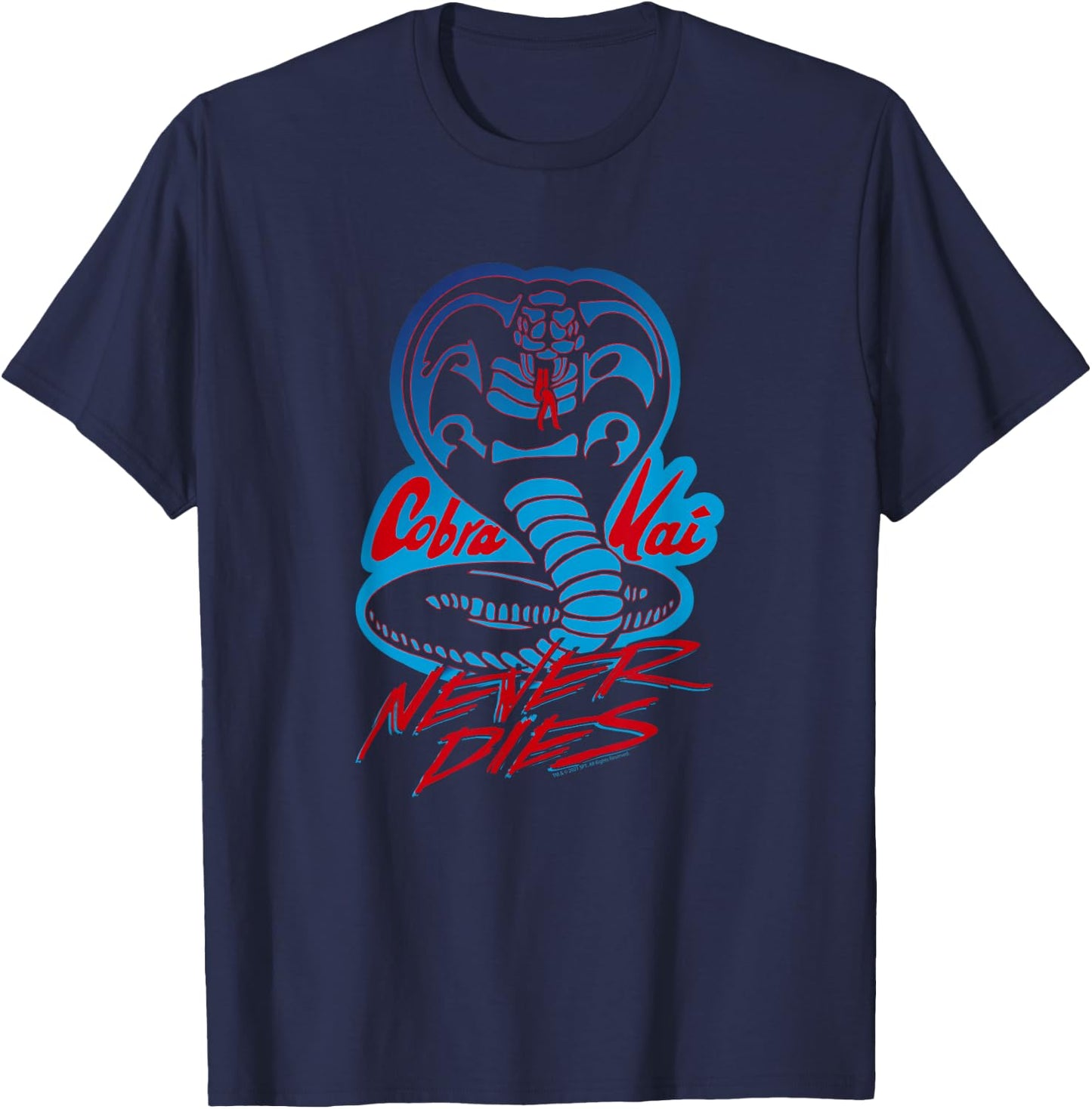 Cobra Kai Never Dies Blue and Red Cobra Logo TV Show T-Shirt - T-Shirt | Navy