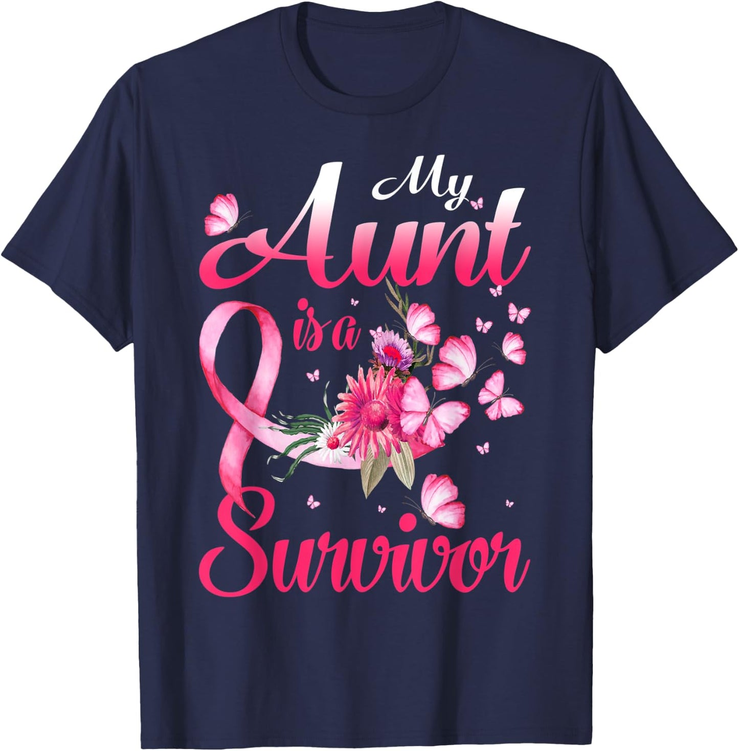 My Aunt Is A Survivor Butterfly Breast Cancer Awareness T-Shirt - T-Shirt | Navy