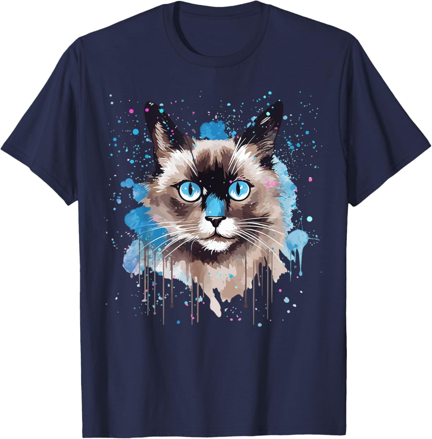 Colorful Splash Art Snowshoe Cat Face Women Kids T-Shirt - T-Shirt | Navy