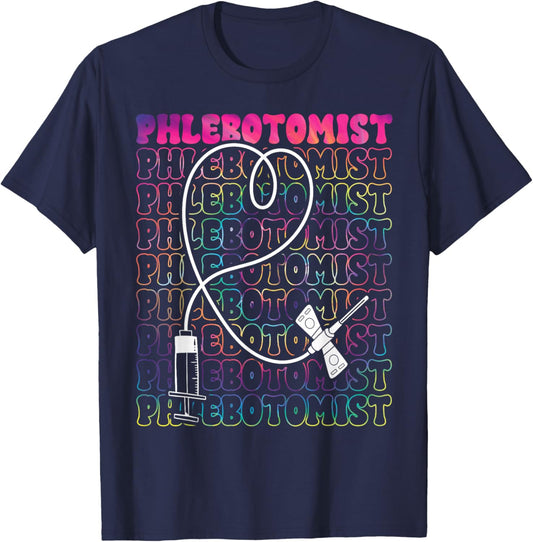 Phlebotomist Heart Tie Dye Phlebotomy Technician Tech Nurse T-Shirt - T-Shirt | Navy