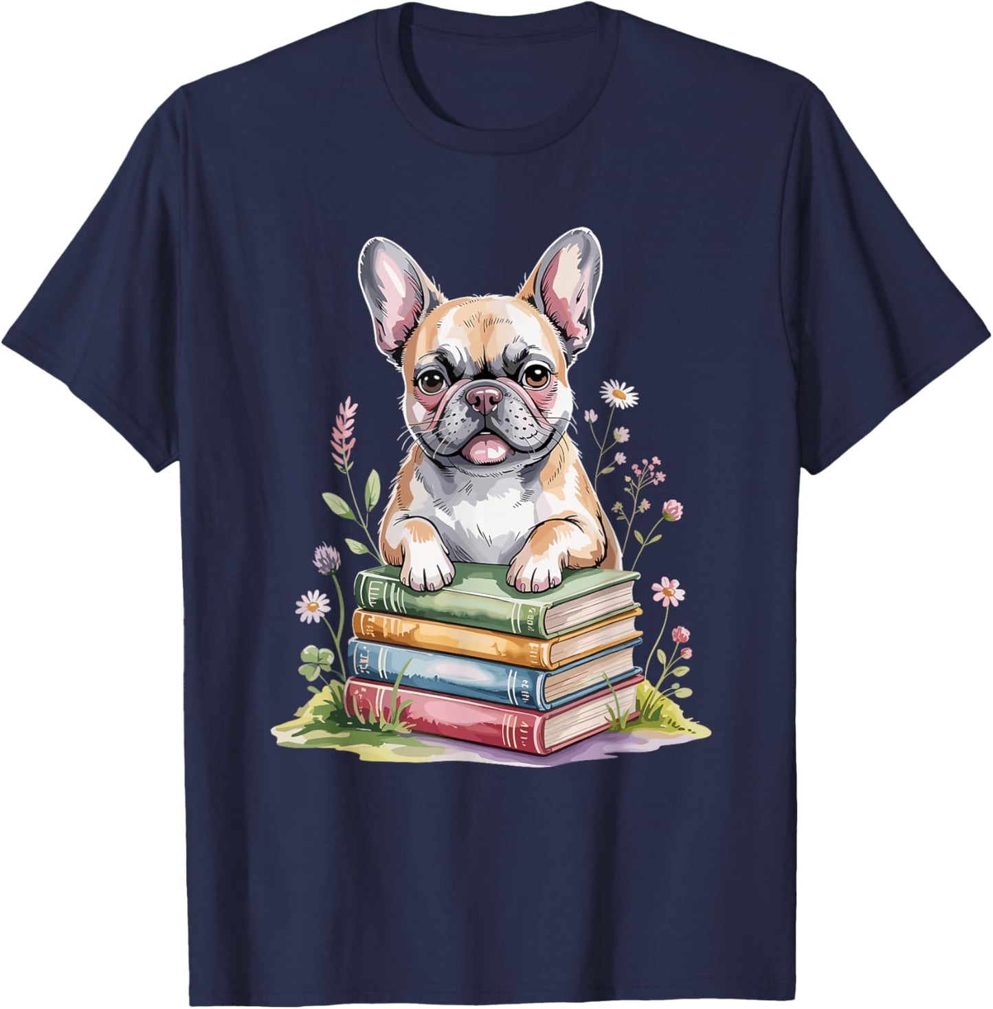 French Bulldog Frenchie Bookworm Flowers Book Reading Books T-Shirt - T-Shirt | Navy