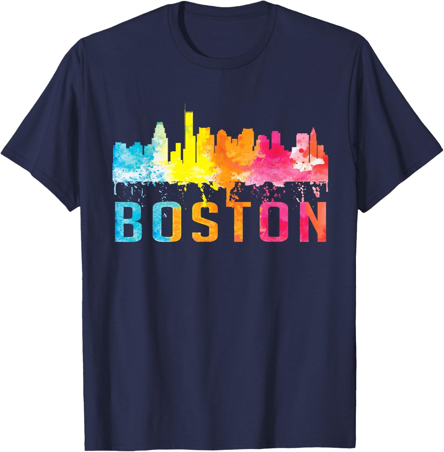 Boston Massachusetts Retro Watercolor Skyline Souvenir T-Shirt - T-Shirt | Navy