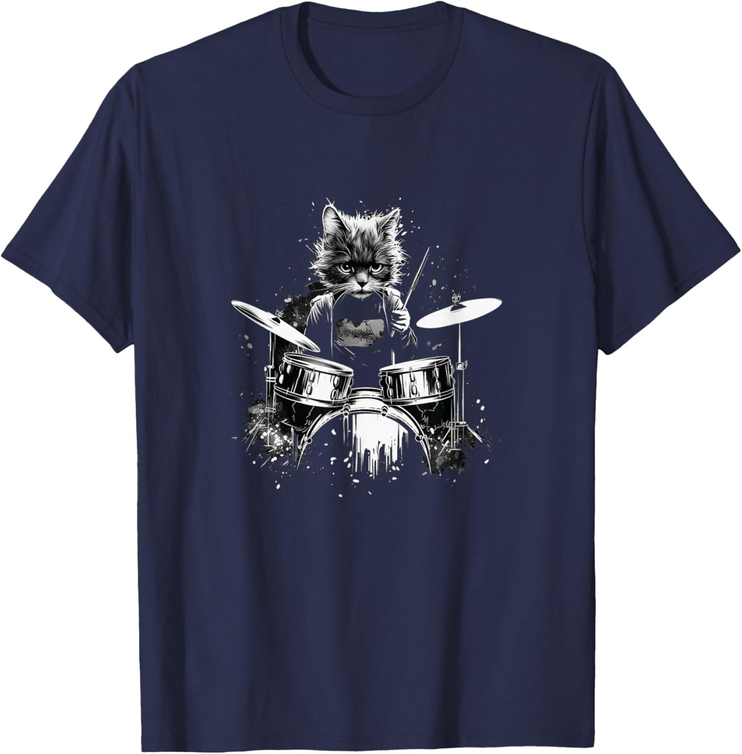 Funny Punk Kitten Kitty Cat Drummer Playing Drums T-Shirt - T-Shirt | Navy