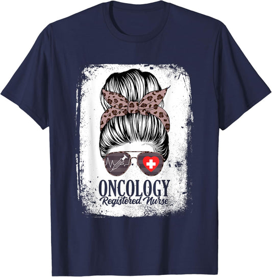 Oncology Registered Nurse Messy Bun Oncologist Women T-Shirt - T-Shirt | Navy