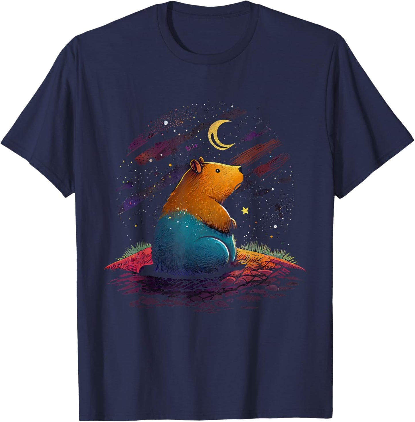 Capybara Moon Space Retro Water Hog Chiguire Guinea Pig T-Shirt - T-Shirt | Navy