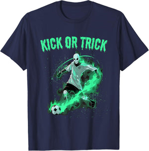Skeleton Soccer Halloween Kick Or Funny Pun T-Shirt - T-Shirt | Navy