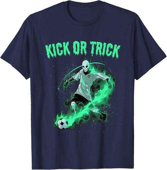 Skeleton Soccer Halloween Kick Or Funny Pun T-Shirt - T-Shirt | Navy