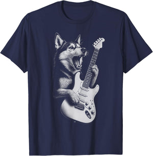 Husky Playing Guitar Rock Music Dog Lover T-Shirt - T-Shirt | Navy