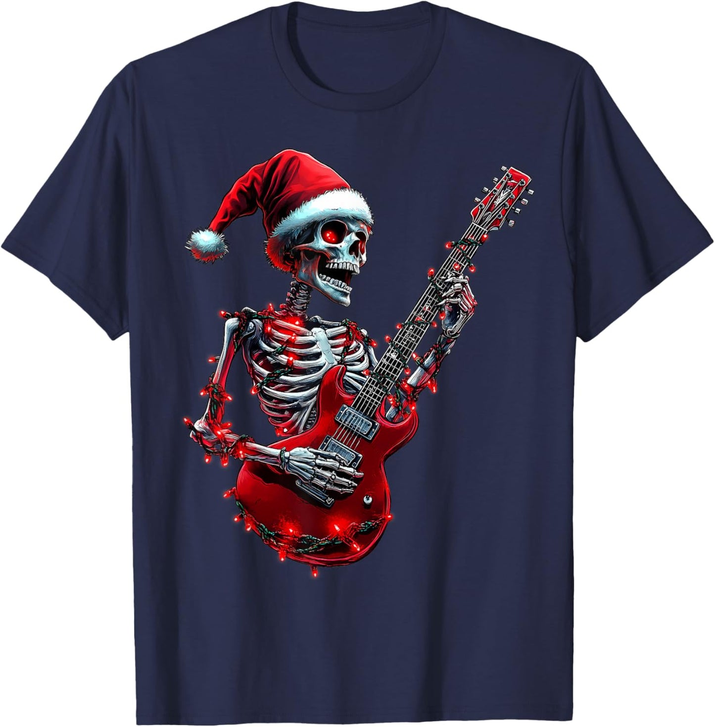 Christmas Skeleton Skull Playing Guitar Rock & Roll Music T-Shirt - T-Shirt | Navy