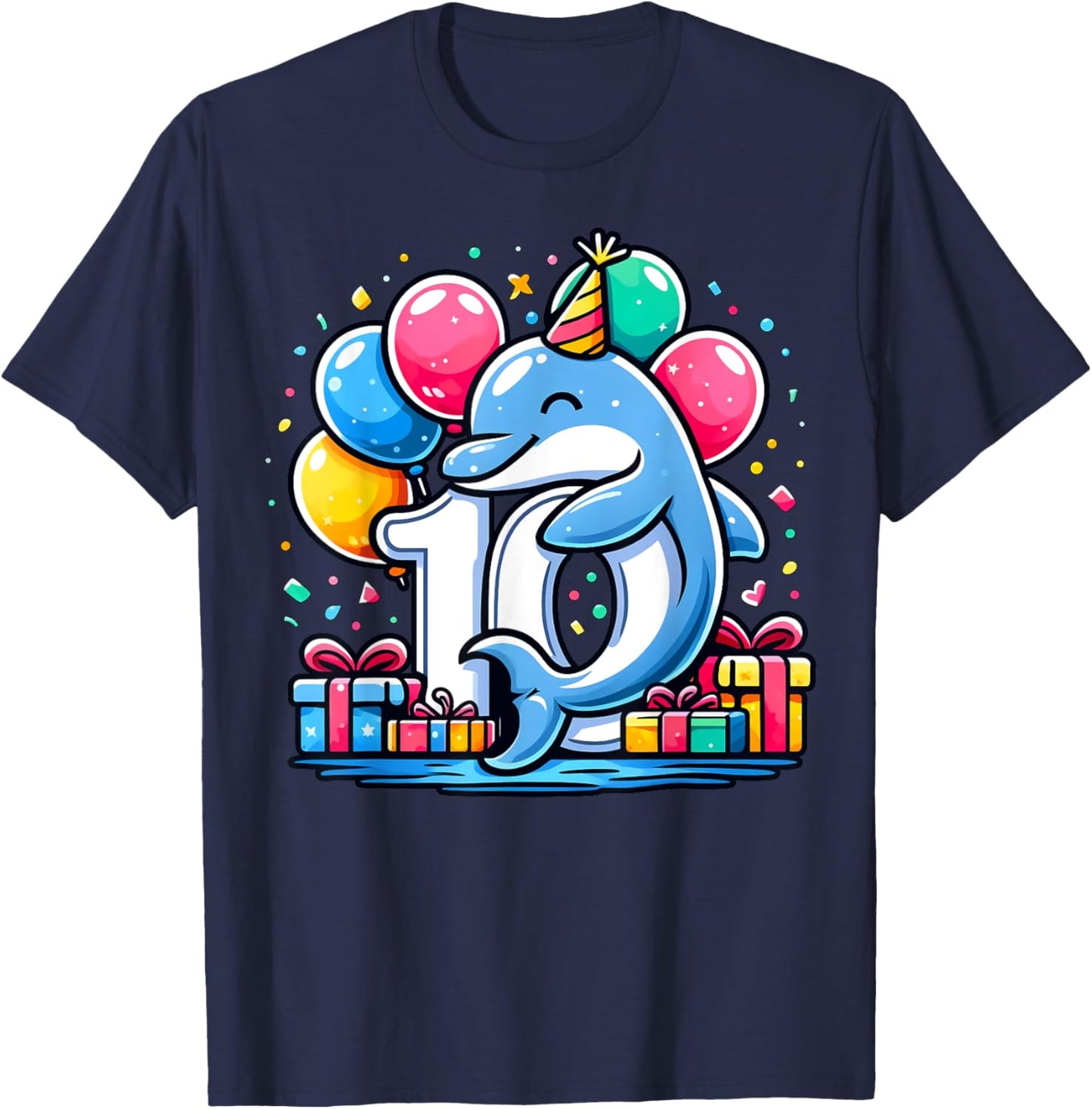 Kids Dolphin Theme tenth Bday Party 10th Dolphin Birthday T-Shirt - T-Shirt | Navy