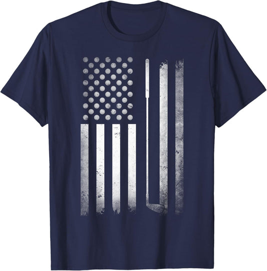 Golf Golfer American Flag Golf Flat Funny Golf T-Shirt - T-Shirt | Navy