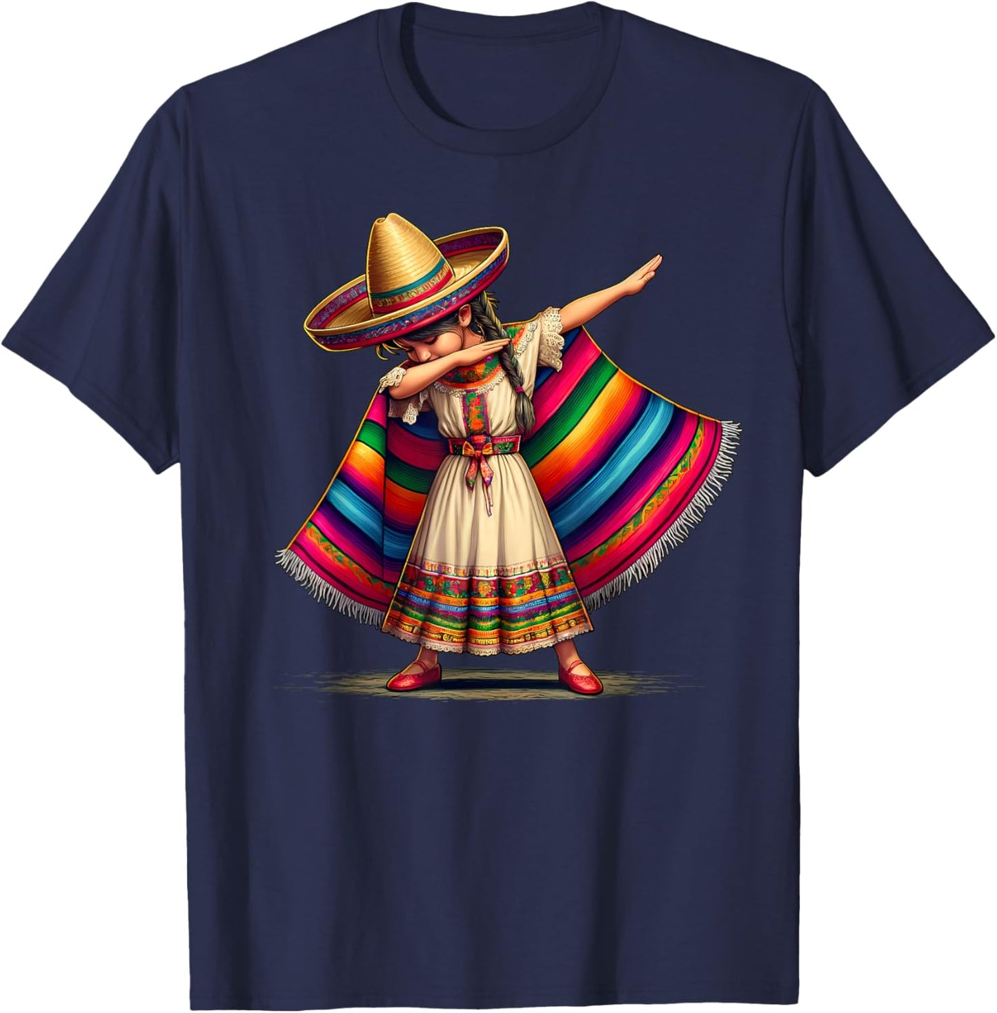Funny Dabbing Mexican Poncho Sombrero Cinco de Mayo Girl T-Shirt - T-Shirt | Navy