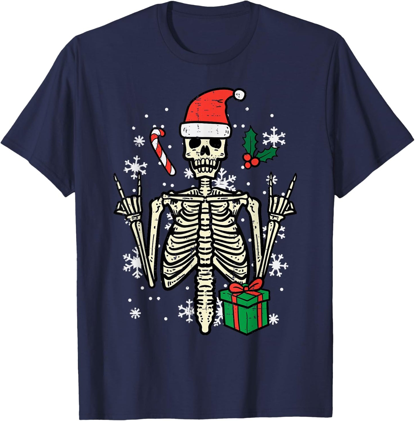 Christmas Rocker Skeleton Santa Rock Hand Xmas Men Boys Kids T-Shirt - T-Shirt | Navy