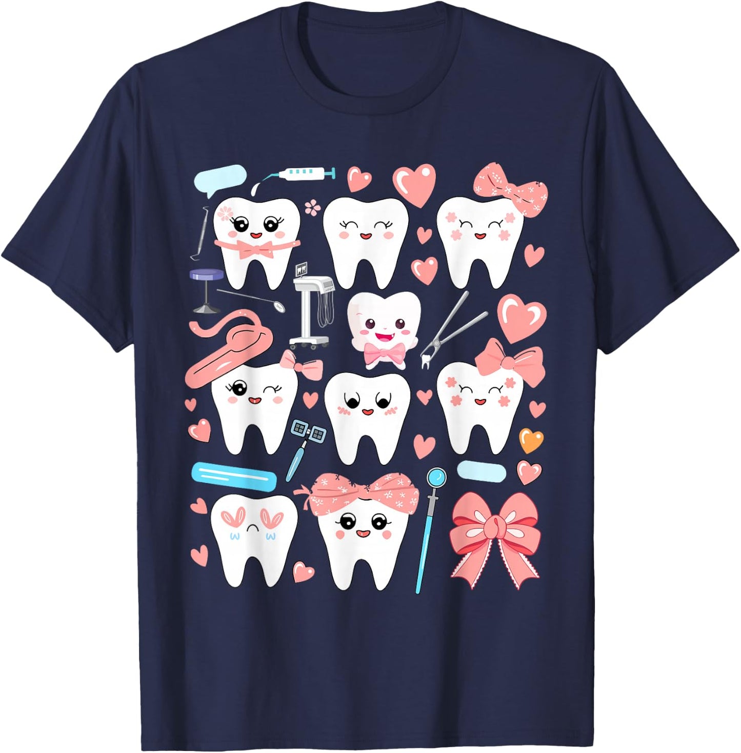Pink Coquette Bow Cute Teeth Dentist Squad Dental Assistant T-Shirt - T-Shirt | Navy