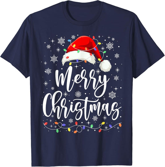 Merry Christmas Lights Red Santa Family Xmas Pajamas T-Shirt - T-Shirt | Navy