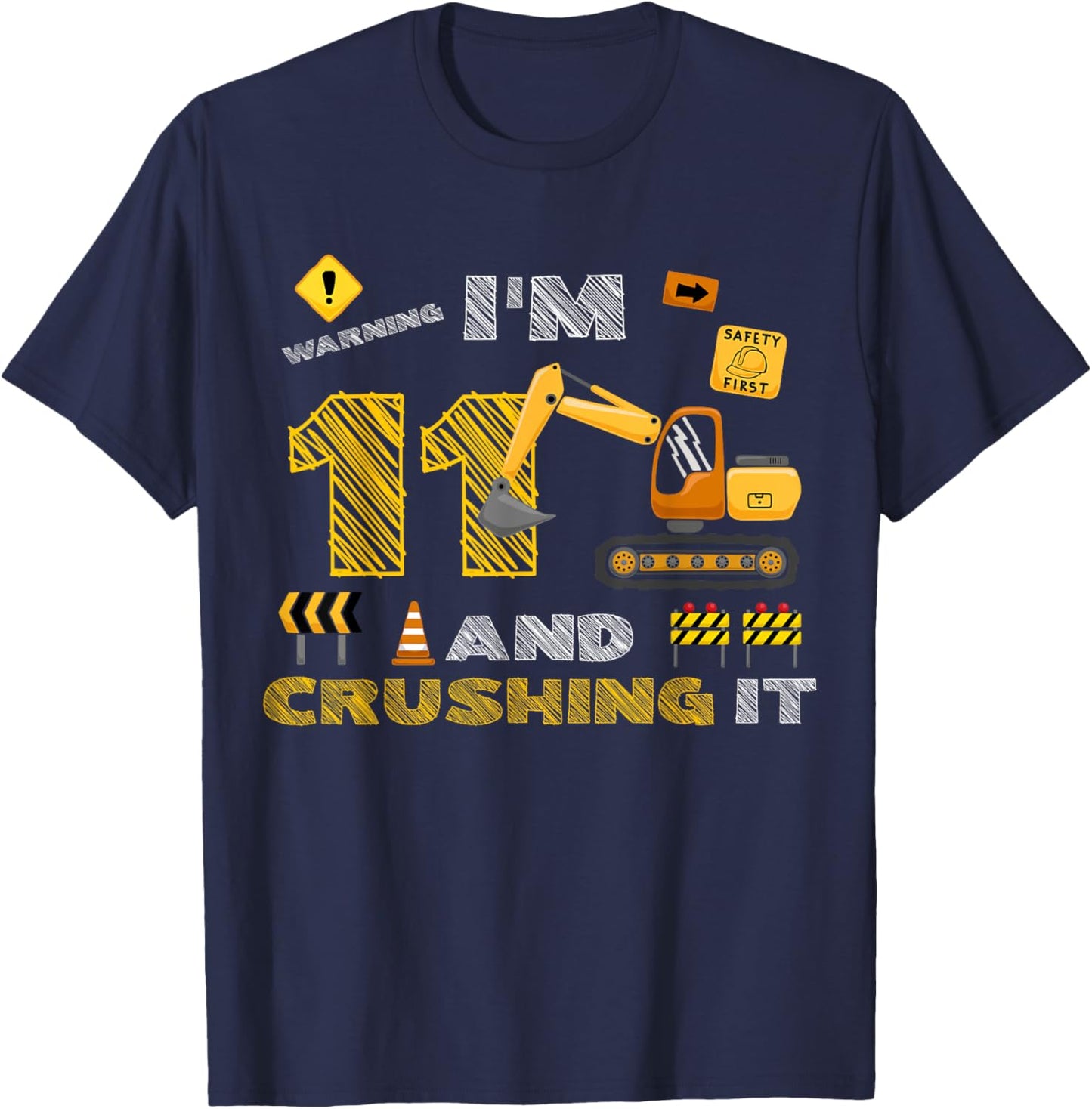 Construction Truck 11th Birthday Construction Theme 11 Year T-Shirt - T-Shirt | Navy