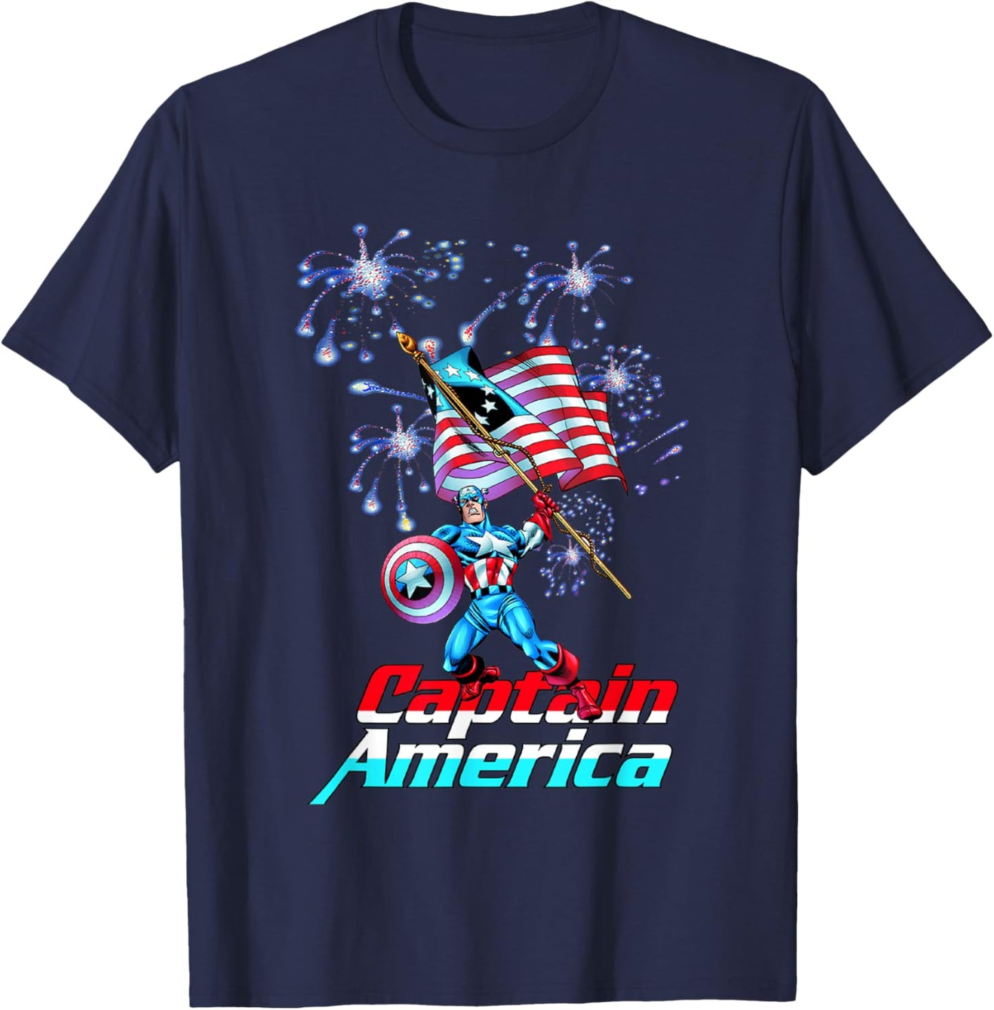 Marvel Comics Retro Classic Captain America 4th of July Flag T-Shirt - T-Shirt | Navy