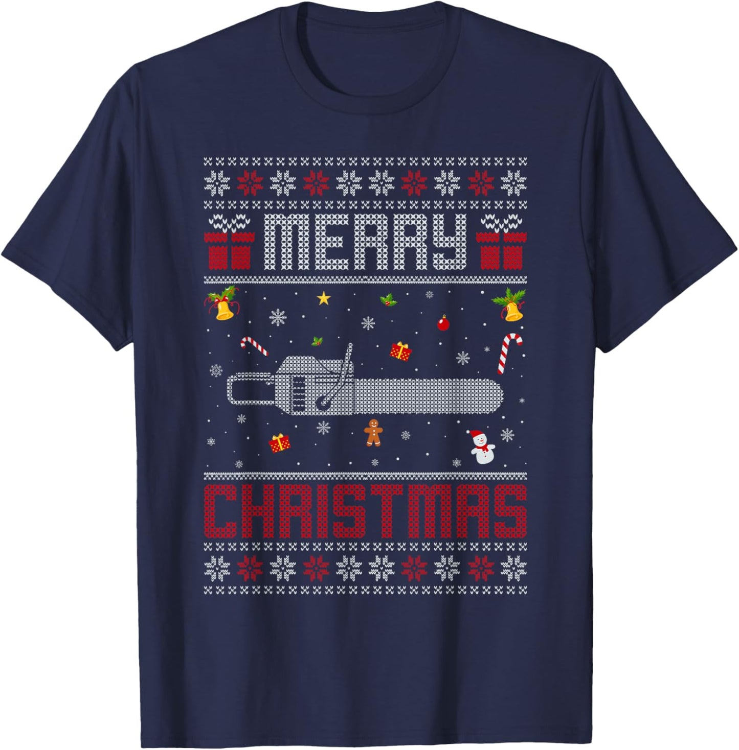Ugly Chainsaw Christmas Decoration Funny Ugly Xmas Sweater T-Shirt - T-Shirt | Navy