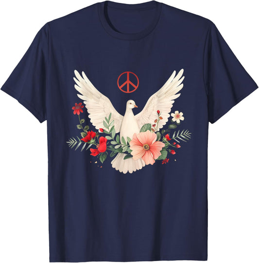Peace Sign Dove White Pigeon Bird Vintage Flowers T-Shirt - T-Shirt | Navy