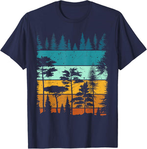 Retro Forest Trees Outdoors Nature Wildlife Vintage Graphic T-Shirt - T-Shirt | Navy