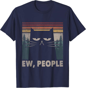 Vintage Ew People Black Cat Funny Anti Social Introvert Men Women Kids T-Shirt - T-Shirt | Navy