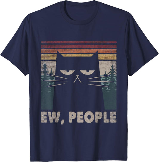 Vintage Ew People Black Cat Funny Anti Social Introvert Men Women Kids T-Shirt - T-Shirt | Navy