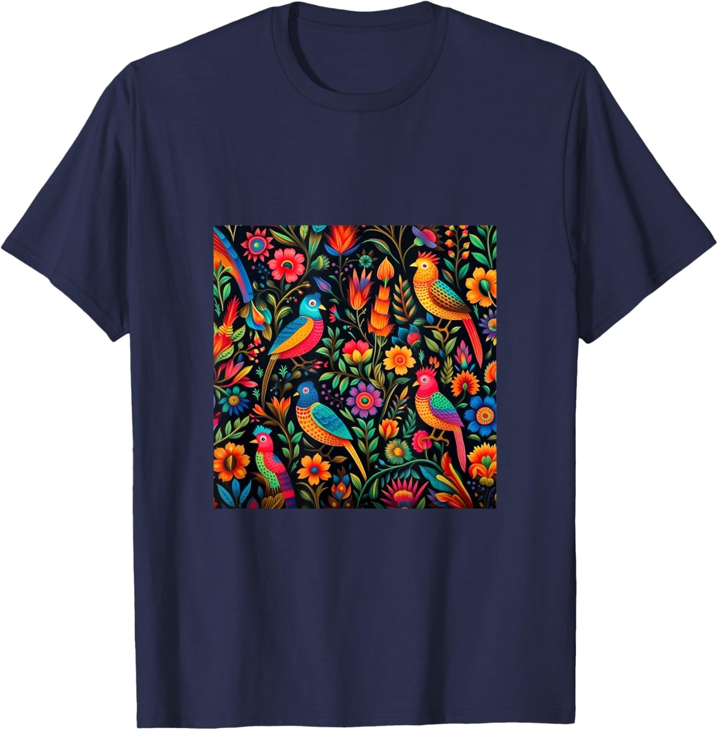 Mexican Embroidery Pattern Art Birds Flowers T-Shirt - T-Shirt | Navy