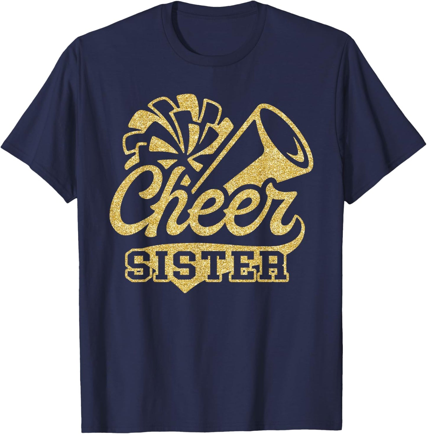 Cheer Sister Biggest Fan Black Yellow Gold Pom Pom T-Shirt - T-Shirt | Navy