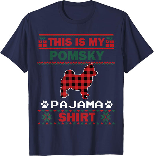 Pomsky Dog Gifts This Is My Pomsky Pajama Dog Ugly Christmas Women Kids T-Shirt - T-Shirt | Navy
