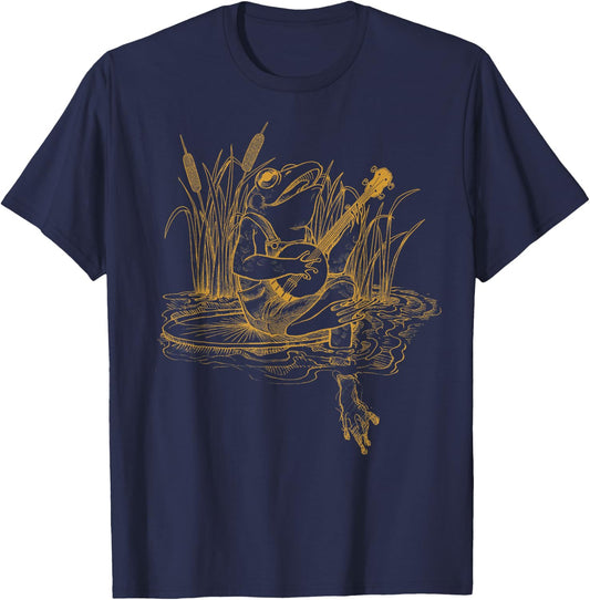 Cottagecore Aesthetic Frog Playing Banjo Cute T-Shirt - T-Shirt | Navy