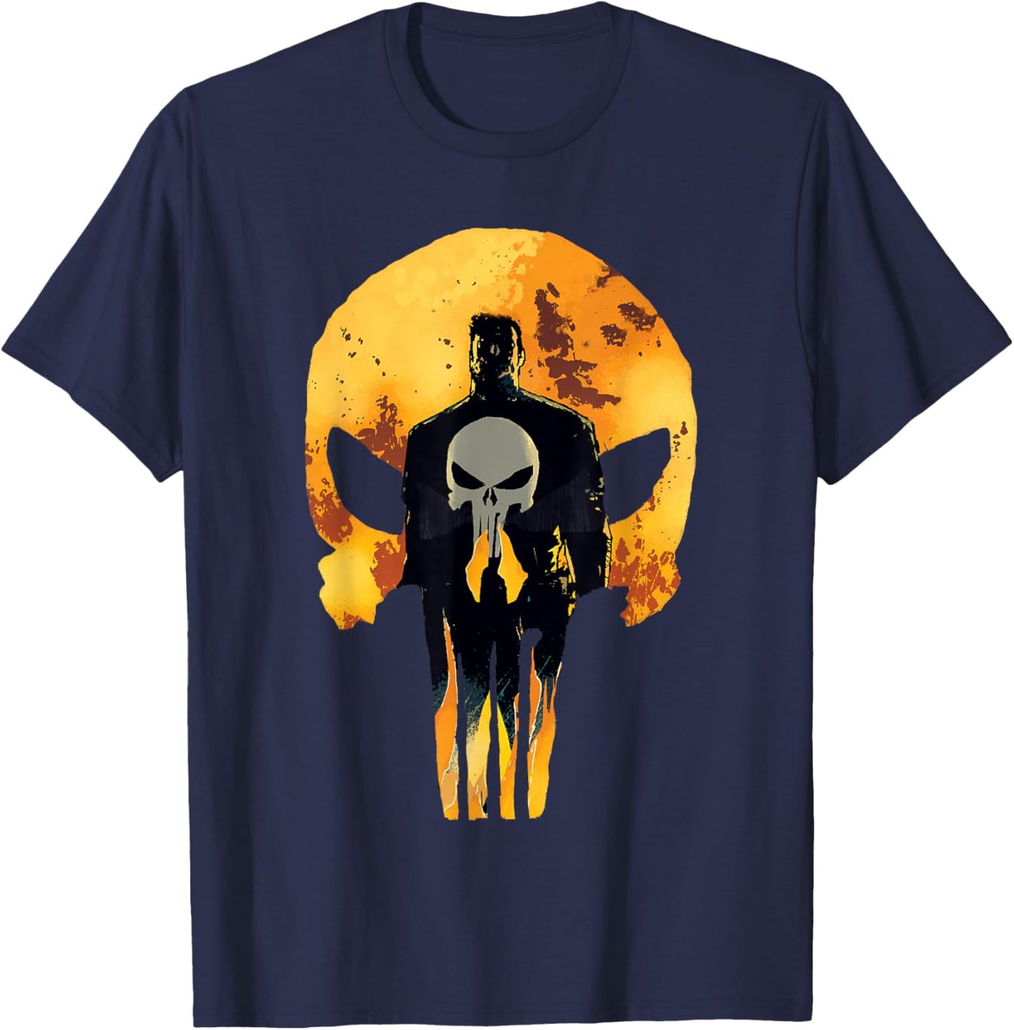 Marvel Punisher Shadowed Frank & Skull in Flames T-Shirt - T-Shirt | Navy