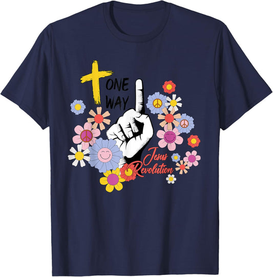 Groovy Retro Jesus Revolution Hippie Flowers One Way Women T-Shirt - T-Shirt | Navy