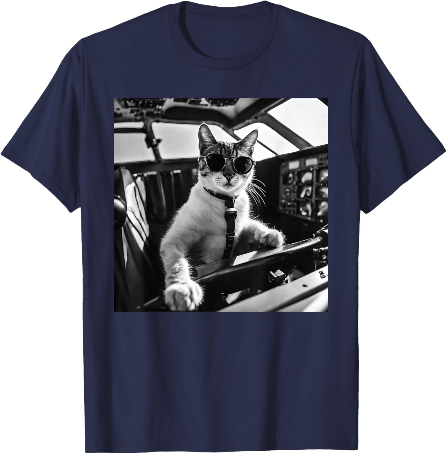Funny Pilot Cat Wearing Sunglasses Flying A Plane T-Shirt - T-Shirt | Navy