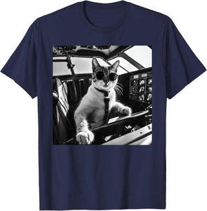 Funny Pilot Cat Wearing Sunglasses Flying A Plane T-Shirt - T-Shirt | Navy
