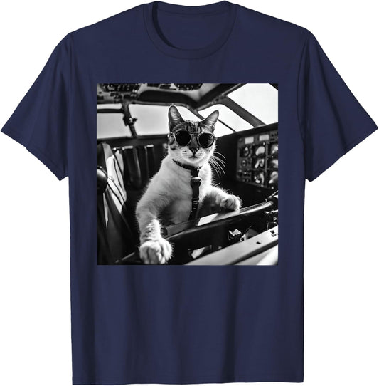 Funny Pilot Cat Wearing Sunglasses Flying A Plane T-Shirt - T-Shirt | Navy
