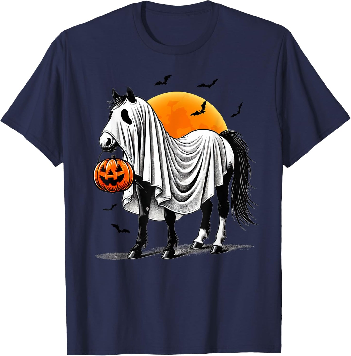 Funny Horse With Jackolantern Ghost Halloween Rider Riding T-Shirt - T-Shirt | Navy