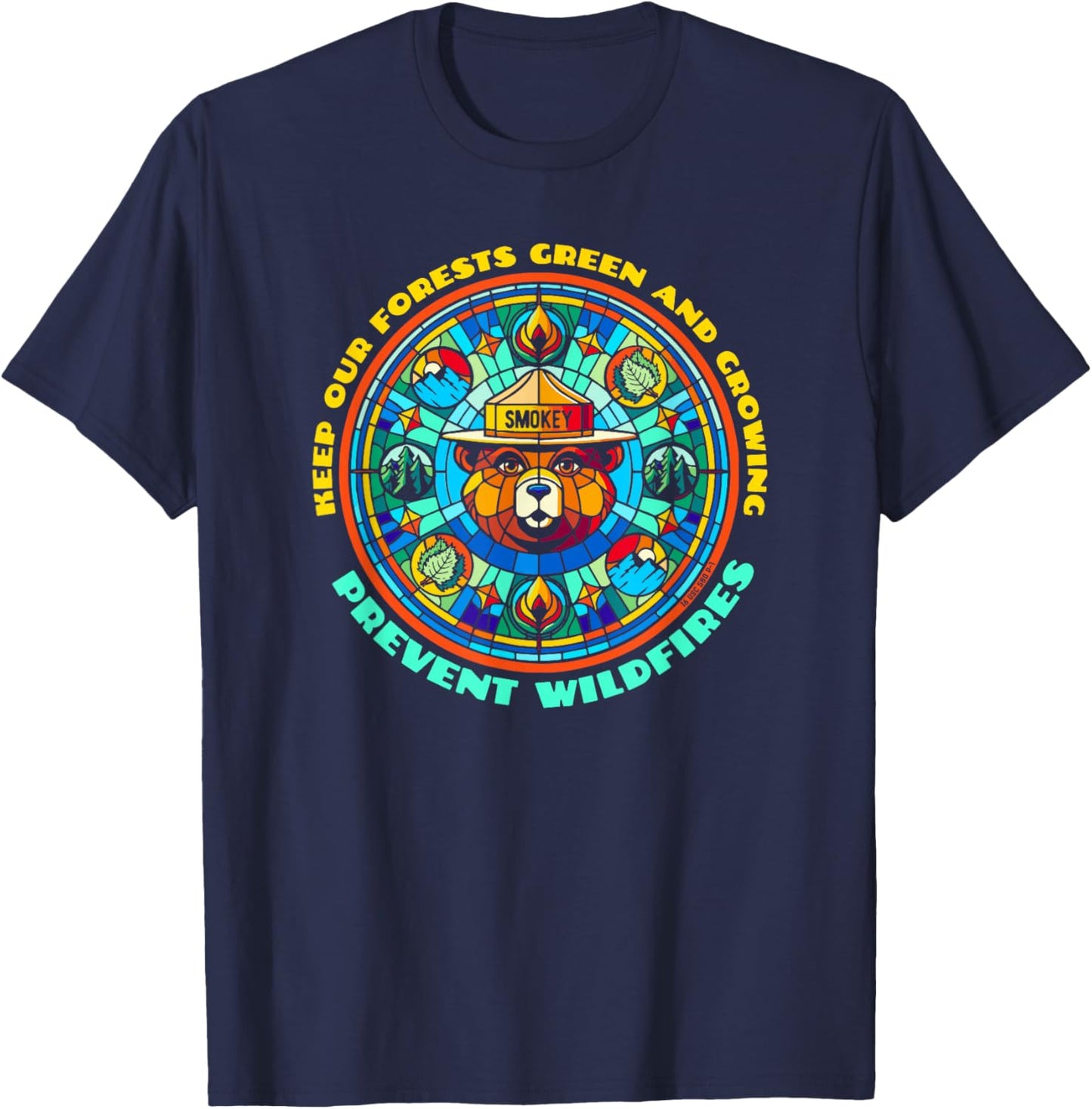 Smokey Bear Stained Glass Art Prevent Wildfires Retro T-Shirt - T-Shirt | Navy