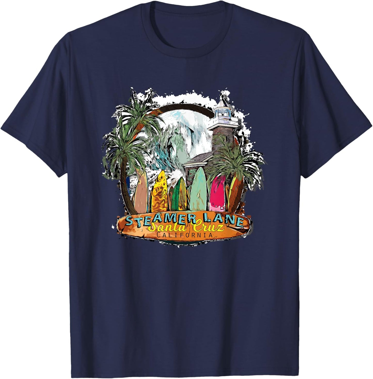 Surfing Santa Cruz Ca Steamer Lane Surf Town Souvenir T-Shirt - T-Shirt | Navy